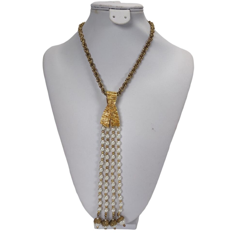 Vintage Castlecliff Lawrence Vrba Faux Pearl Tassel Necklace Gold Tone Signed